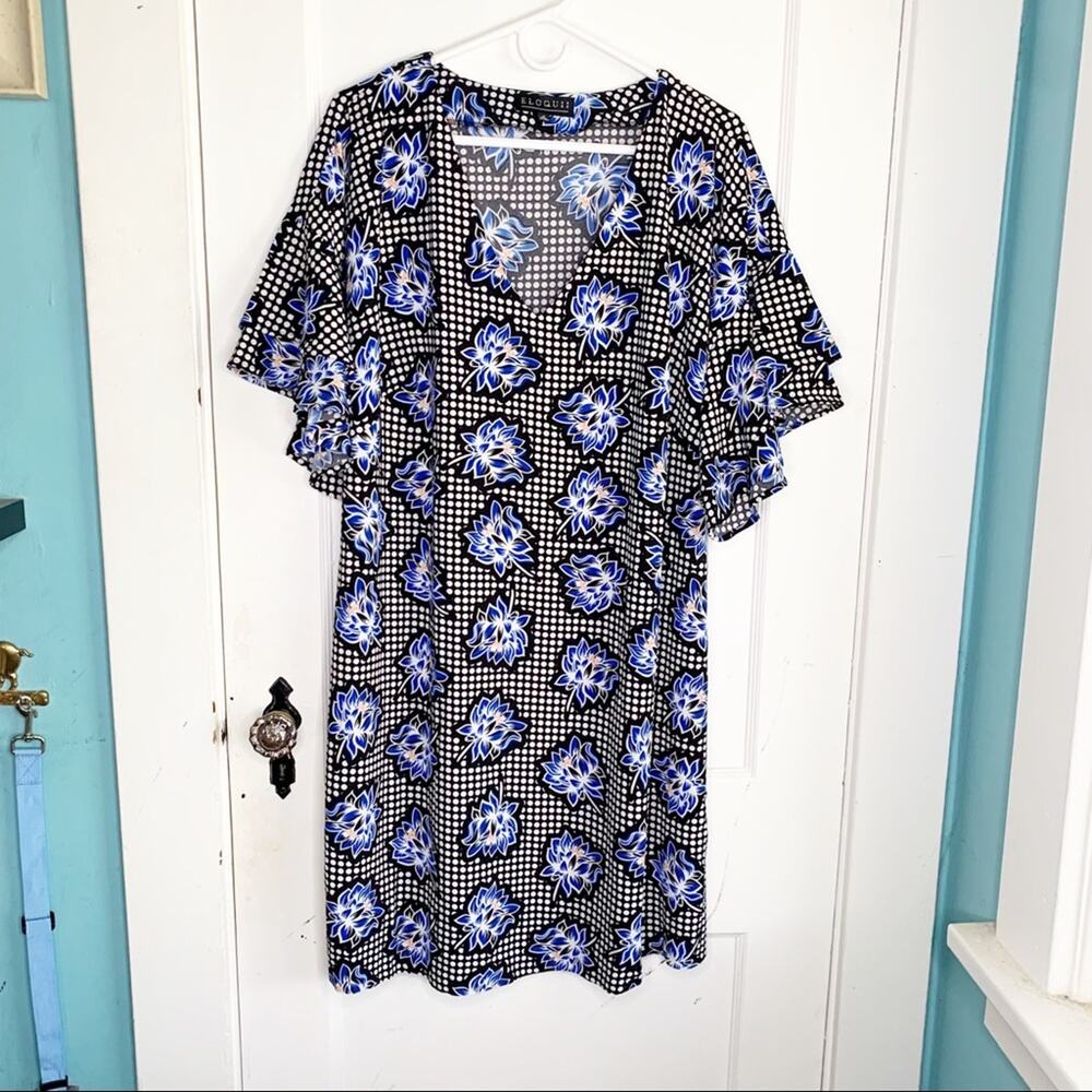 Eloquii Bold Blue Floral Print Black White Polka Dot V-Neck Dress Size 16 NWT